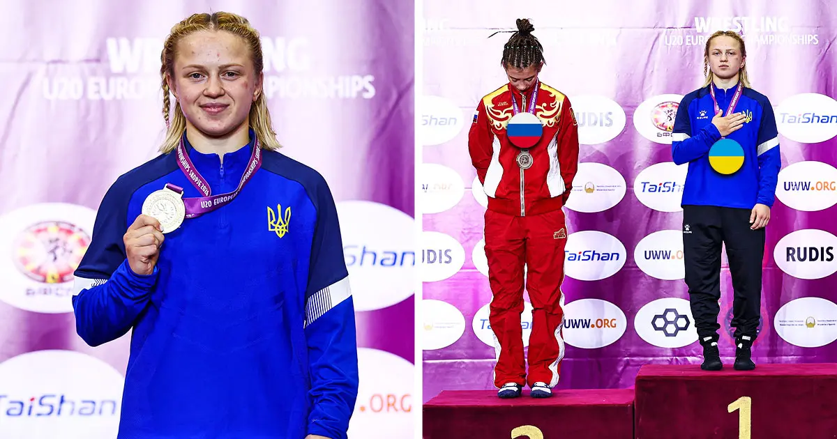 Росіянка з опущеною головою слухала гімн України після розгромної поразки на ЧЄ U-20 з жіночої боротьби